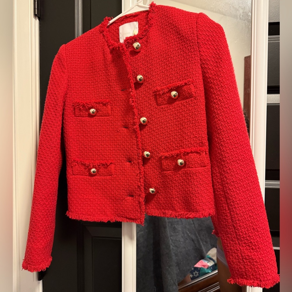 Mango Red Tweed Jacket with Metal buttons and flaps size XXS New with tags - Picture 3 of 6